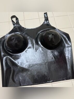 Black latex rubber bustier sleeveless vest top with moulded bra cups